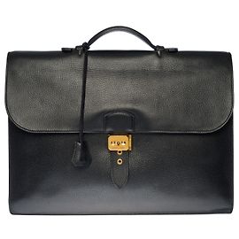 Bolso Porte-Documents Hermès Dispatch muy chic en vaca negra de las Ardenas, guarnición en métal doré Negro