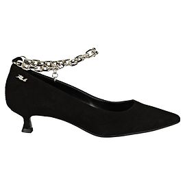 Karl Lagerfeld Black Suede Heels with Silver Chain Black