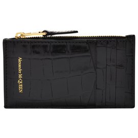 Alexander Mcqueen-Reißverschlusstasche aus schwarzem Leder mit Krokodileffekt-Schwarz