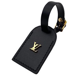 Louis Vuitton luggage tag black leather Black Golden