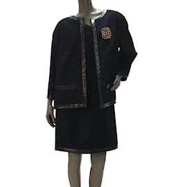 Chanel-Chanel Black Wool Leather Trimmed Dress Jacket Set  Suit Sz.50-Black
