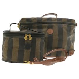 Fendi-FENDI Pequin Canvas Hand Shoulder Bag 2Set Cuir PVC Noir Marron Auth ar4002-Marron,Noir