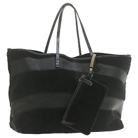 FENDI Unborn Calf Skin Leather Tote Bag Black Auth ar4008 Black