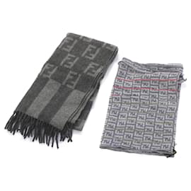 Fendi-FENDI Scarf Navy Wool Cotton Gray 2Set Auth ar4012-Grey