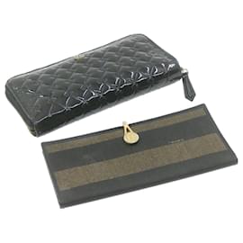 Fendi-FENDI Pequin Patent Leather Wallet 2set Black Brown Auth as007-Multiple colors