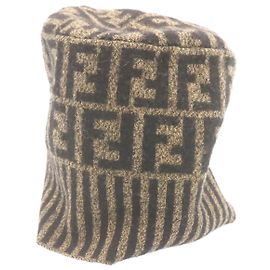 FENDI Zucca Beanie Watch Cap Black Brown Wool Auth ar4142 Brown Black
