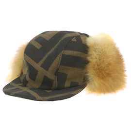 FENDI Zucca Canvas Fur Cap Hat Brown Black Auth br324 Brown Black
