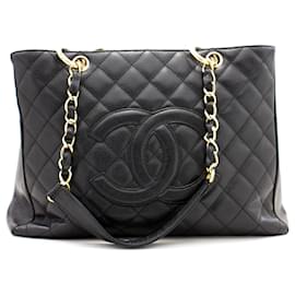 Chanel-CHANEL Caviar GST 13" Grand Shopping Tote Chain Shoulder Bag Black-Black