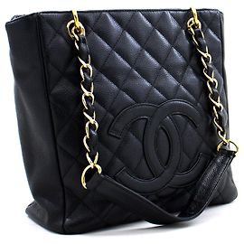 CHANEL Caviar PST Chain Shoulder Bag Compras Tote Preto Acolchoado Preto