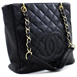 Chanel-CHANEL Caviar PST Chain Shoulder Bag Shopping Tote Black Quilted-Black