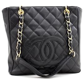 Chanel-CHANEL Caviar PST Chain Shoulder Bag Shopping Tote Black Quilted-Black