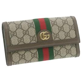 Gucci-GUCCI Web Sherry Line GG Supreme Offidia Wallet Beige Red Green PVC Auth 21977-Beige