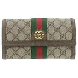 Gucci-GUCCI Web Sherry Line GG Supreme Offidia Wallet Beige Red Green PVC Auth 21977-Beige