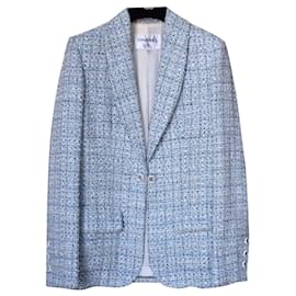 Chanel-2019 Veste blazer en tweed fantaisie Cruise LA PAUSA-Blanc,Bleu,Bleu clair