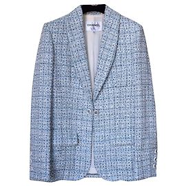 Chanel 2019 Cruise LA PAUSA Fantasy-Tweed-Blazerjacke Weiß Blau Hellblau