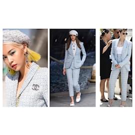 Chanel-2019 Veste blazer en tweed fantaisie Cruise LA PAUSA-Blanc,Bleu,Bleu clair