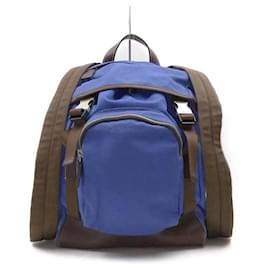 Prada-Blue Canvas x Brown Leather Tessuto Backpack-Other