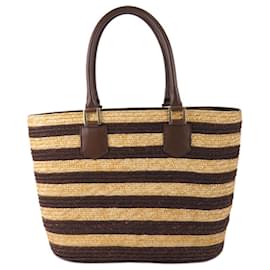 Fendi-Fendi Brown Pequin Straw Tote Bag-Brown,Beige,Dark brown