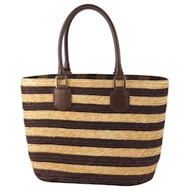 Fendi-Fendi Brown Pequin Straw Tote Bag-Brown,Beige,Dark brown