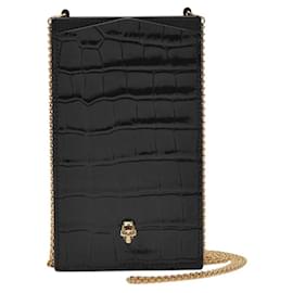 Alexander Mcqueen-Phone Case On Chain in Black Embrossed Leather-Black