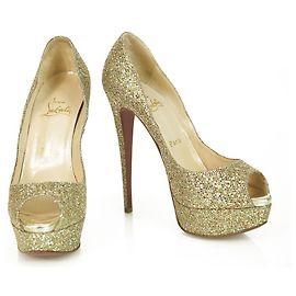 Christian Louboutin Or Glittery Lady Peep Platform Heels Peep Toe Pumps 37 Doré