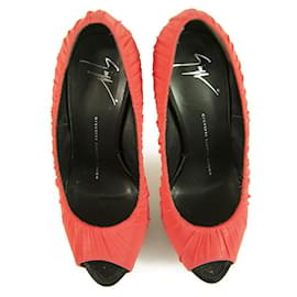 Giuseppe Zanotti-Giuseppe Zanotti Coral Red Silk Fabric Black High Heels Peep Toe Pumps sz 37-Coral
