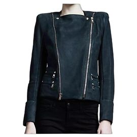 BALMAIN Giubbotto Donna Pelle Stile Biker Shearling Verde Tg38 Verde scuro