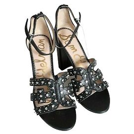 Sam Edelman Yasha Leather Studded Heeled Sandals Black Silver hardware