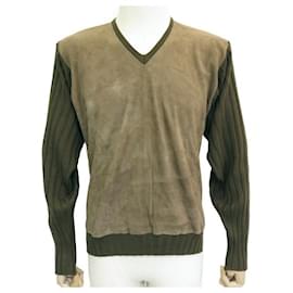 Hermès-HERMES BIMATIERE M SWEATER 48 LEATHER & WOOL SILK CASHMERE KHAKI LEATHER WOOL SWEATER-Khaki