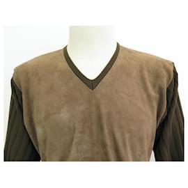Hermès-HERMES BIMATIERE M SWEATER 48 LEATHER & WOOL SILK CASHMERE KHAKI LEATHER WOOL SWEATER-Khaki
