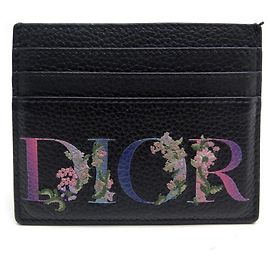 NEW CHRISTIAN DIOR CARD HOLDER BLACK LEATHER FLOWER LOGO + CARD HOLDER BOX Black
