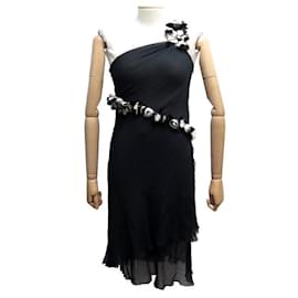 Fendi-ROBE BUSTIER FENDI FD5901INA  M 40 EN SOIE NOIR FLEURS EN PLUME SILK DRESS-Noir