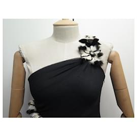 Fendi-ROBE BUSTIER FENDI FD5901INA  M 40 EN SOIE NOIR FLEURS EN PLUME SILK DRESS-Noir