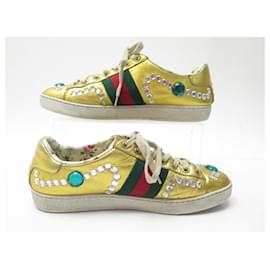 Gucci-GUCCI SNEAKERS ACE STRASS 471939 36 It 37 FR GOLD LEATHER SNEAKERS-Golden
