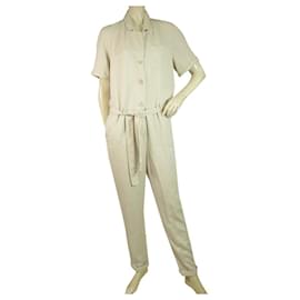 American Vintage-American Vintage Cream Soft Lyocell Short Sleeve Belted Overall Jumpsuit size S-Cream