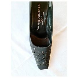 Charles Jourdan Black Cloth Rhinestone Heels Black