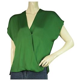 Lanvin Les 10 Blusa com decote em V Ans Alber Elbaz Verde Cetim Seda Manga Top V Verde
