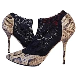 Dolce & Gabbana D&G Python- und Spitzenschuhe Braun Schwarz Beige