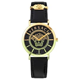 Versace-V-Essential Leather Watch-Golden,Metallic