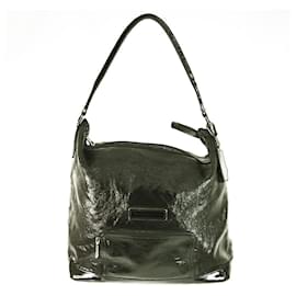 Longchamp-Longchamp Black Shiny Leather Front Pocket Zipper Top Hobo Shoulder bag Handbag-Black