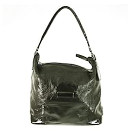 Longchamp-Longchamp Noir Brillant Cuir Poche Avant Zipper Top Hobo Sac À Bandoulière Sac À Main-Noir