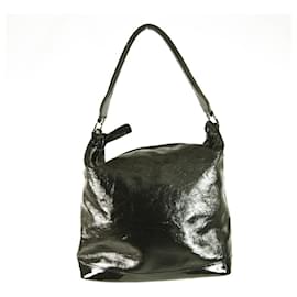 Longchamp-Longchamp Black Shiny Leather Front Pocket Zipper Top Hobo Shoulder bag Handbag-Black