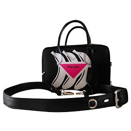 Prada Bolsa City Calf Preto Branco Fuschia