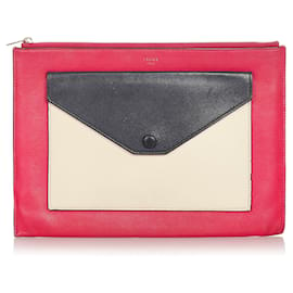 Céline-Celine Pink Tri-Color Zip Envelope Leather Clutch-Pink,Multiple colors