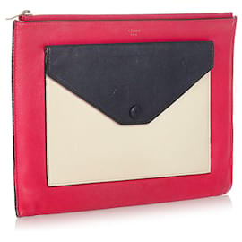 Céline-Celine Pink Tri-Color Zip Envelope Leather Clutch-Pink,Multiple colors