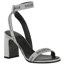 Balenciaga-Glittered Leather Block Heels-Silvery,Metallic