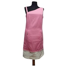 Vestido Escada Rosa e Branco de Algodão Rosa Branco