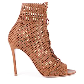 Gianvito Rossi-Gianvito Rossi Tan Leather Woven Peep-Toe Ankle Boots-Brown,Beige