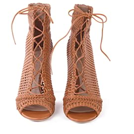 Gianvito Rossi-Gianvito Rossi Tan Leather Woven Peep-Toe Ankle Boots-Brown,Beige