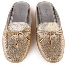 Louis Vuitton-Louis Vuitton Gloria Flat Mules in pelle con monogramma oro metallizzato-D'oro,Metallico